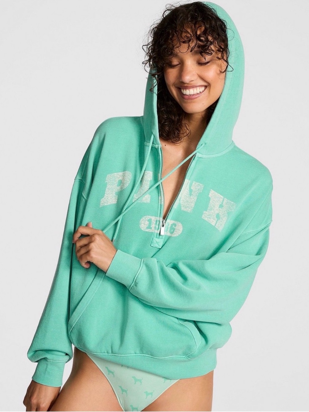 PINK VS Campus Fleece Half-Zip Hoodie Sweet Mint Green XS NWT